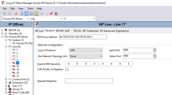 SIP line transport tab configuration settings