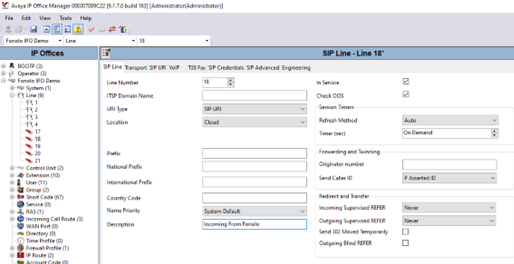 Inbound SIP Line SIP Line tab configuration