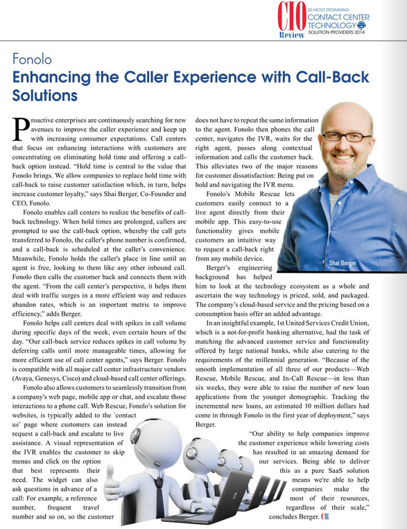 Fonolo Named Most Promising Contact Center Technology Solution Provider By CIOReview