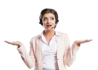 female call center agent holding her hands wide and looking confused