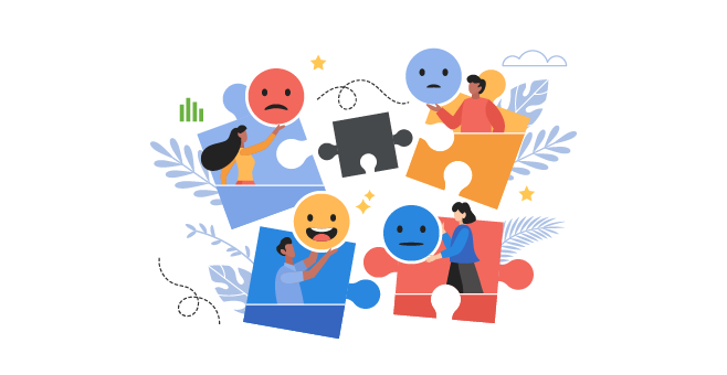 Customer expectations expressed as puzzle pieces where some customers are happy and some are dissatisfied.